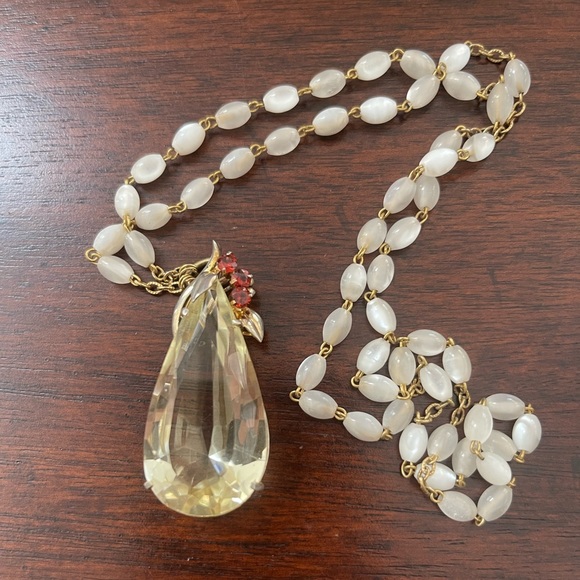 Huge lemon crystal genuine garnet gold tone pendant white opalescent chain - Picture 2 of 11